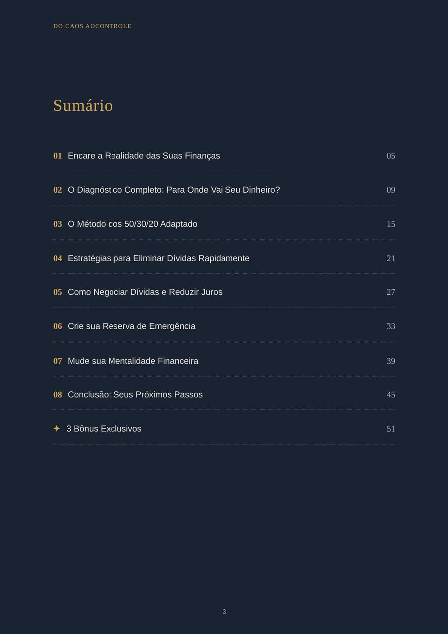 Página de sumário do ebook Do Caos ao Controle com os 7 capítulos